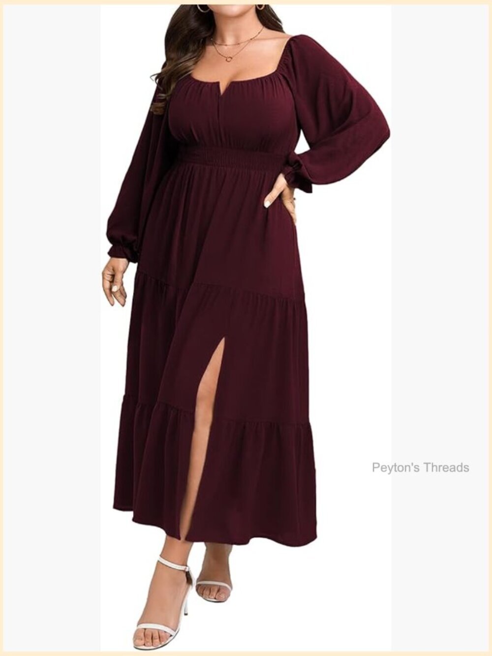 Plus Size Formal Maxi Dress Long Sleeve Square Neck A-Line Tiered Side Split